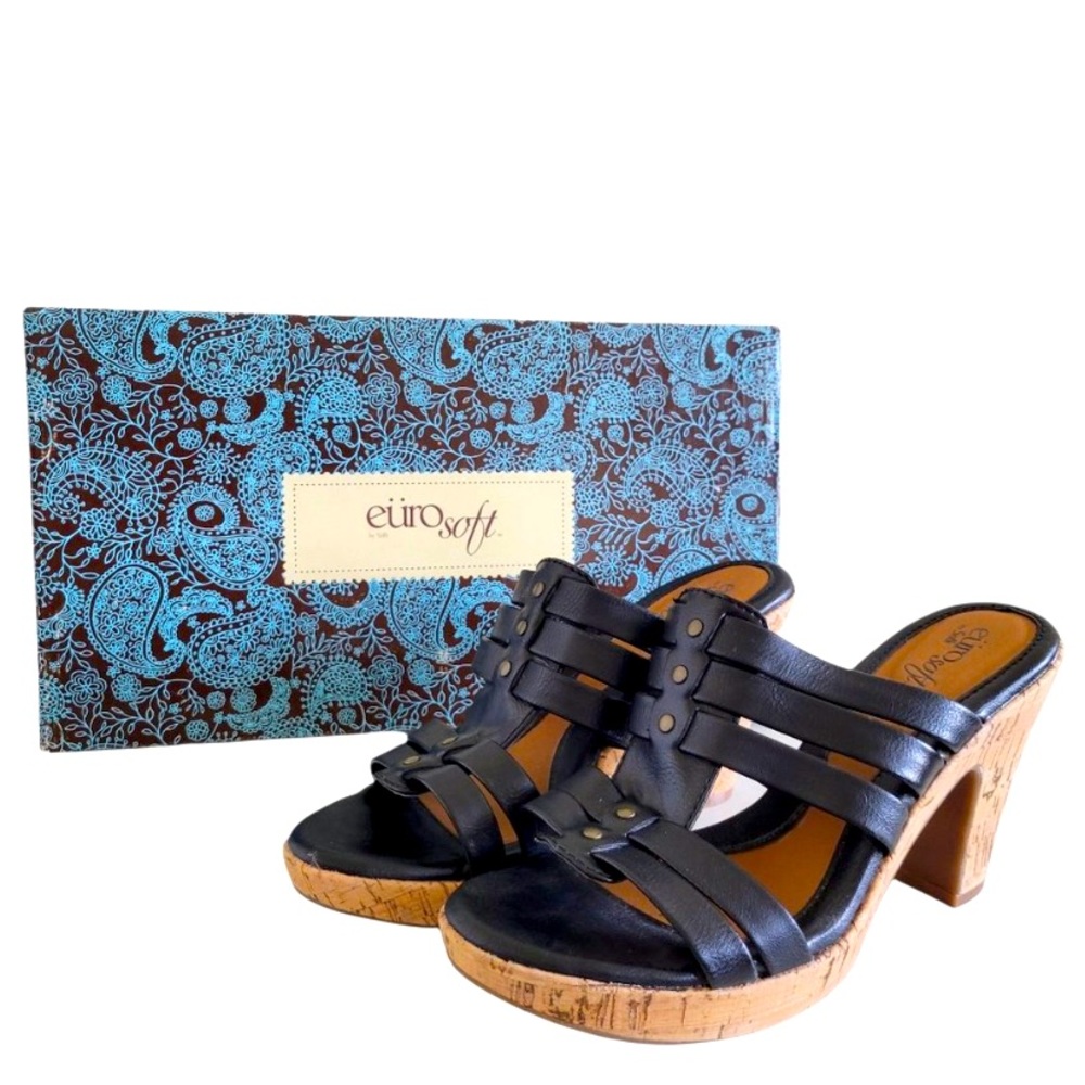 Euro Soft by Sofft Women's Black Strappy Sandal Cork Heel Faina. 8.5M Like new.
